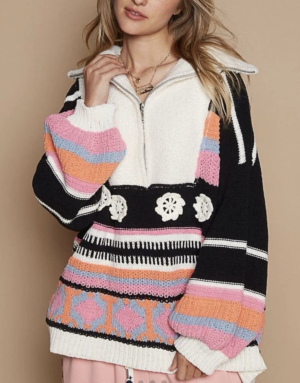 POL Sweater Jacket Pullover Boho Crochet Cottage Core Size Large NWT Baggy BTC
